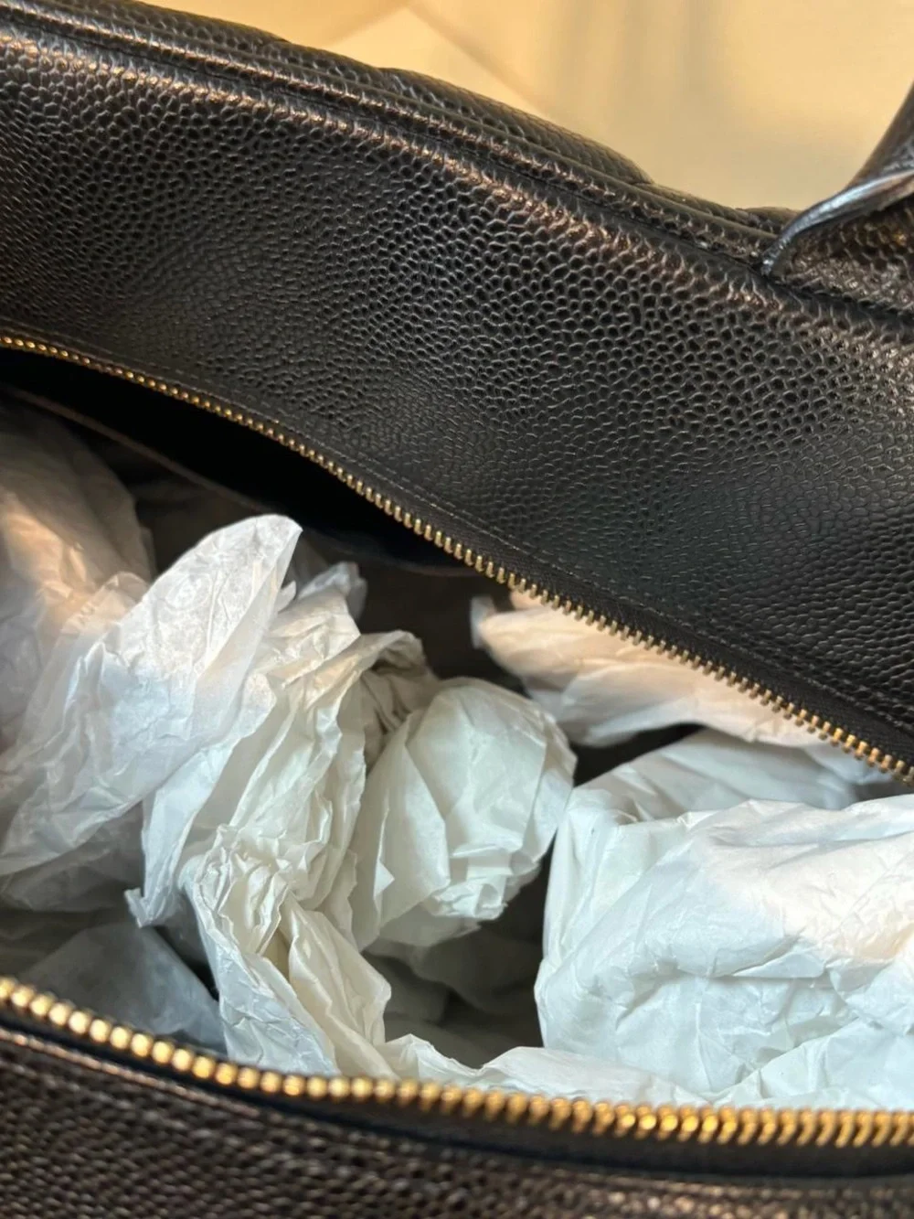 CHANEL Black Quilted Caviar Leather Tote with CC Emblem